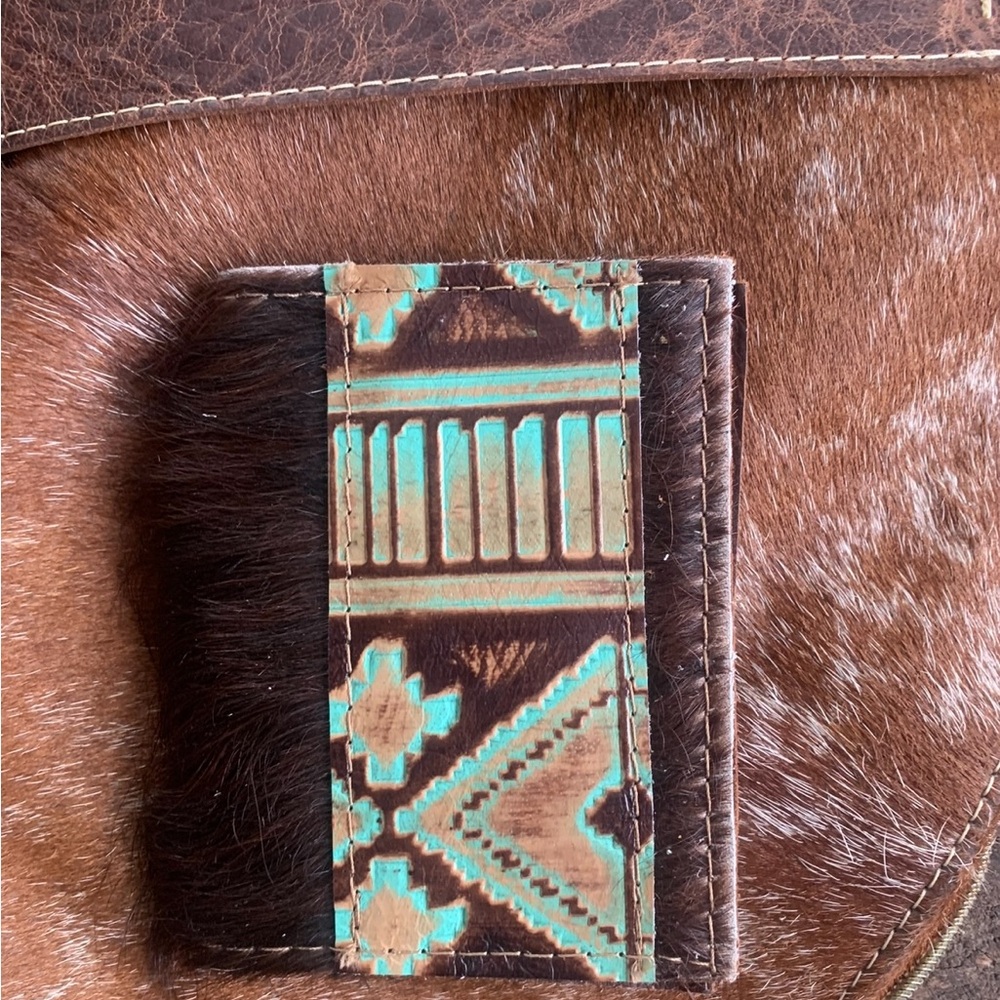 Genuine Leather & Cowhide with Turquoise Aztec Print Leather Wallet
